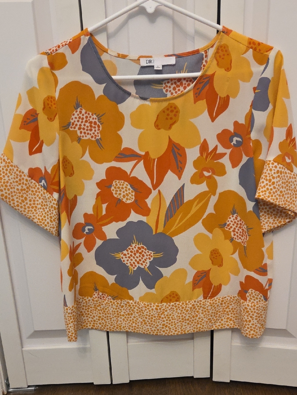DR2 Floral Short-Sleeve Blouse in Cream, Yellow, Orange & Gray